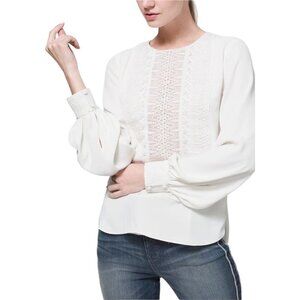White House Black Market NWT $99 Ecru Lace Trim Blouse, Long Sleeves Women's L